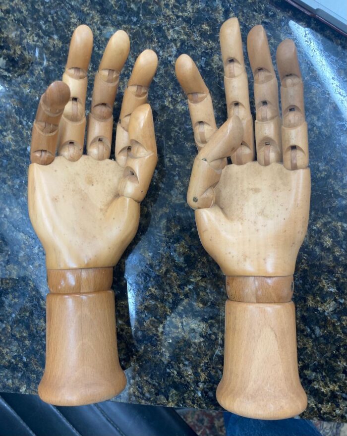 Pair of wooden articulated hands
