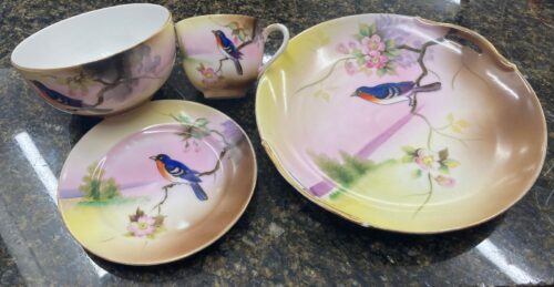 Hand painted plates; bowl and cup