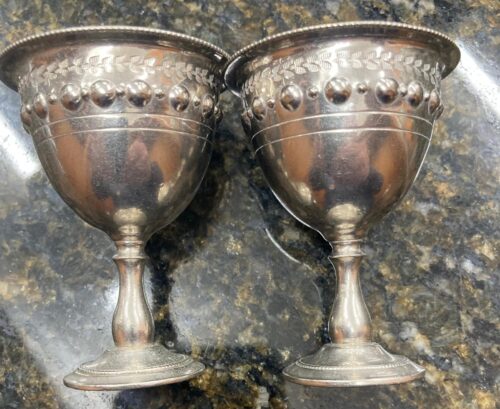 Pair hand etched silver plated egg cups