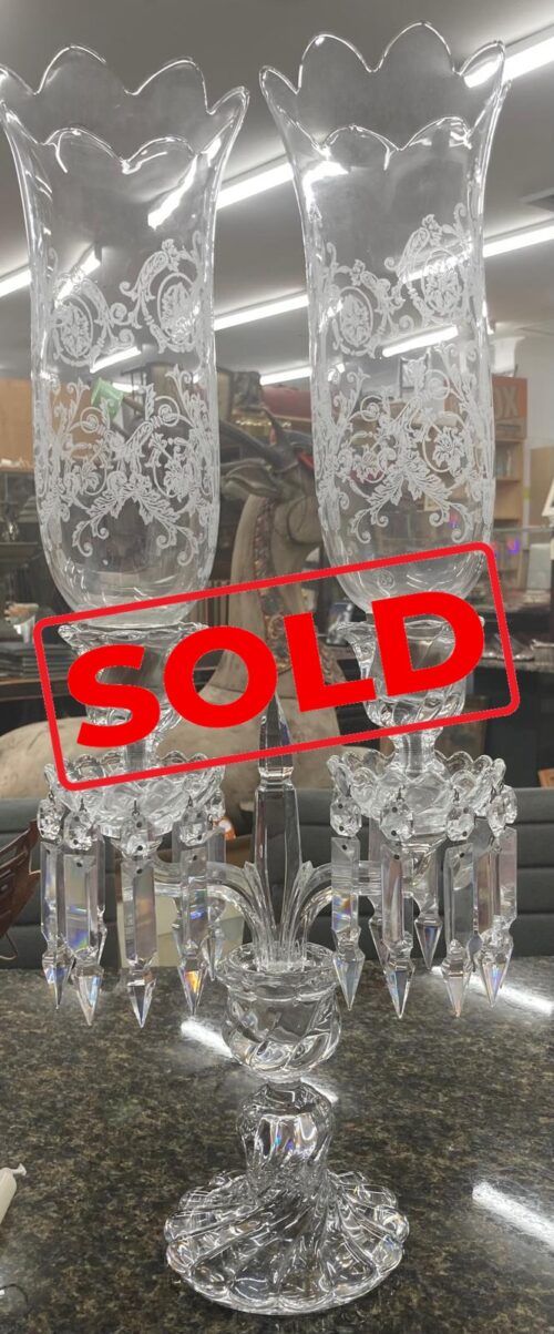 Baccarat signed double candelabrum with etched glass hurricanes
