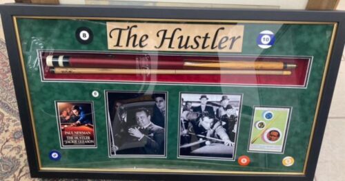 Signed, authenticated and framed pool cues (Paul Newman and Jackie Gleeson) from the movie The Hustler